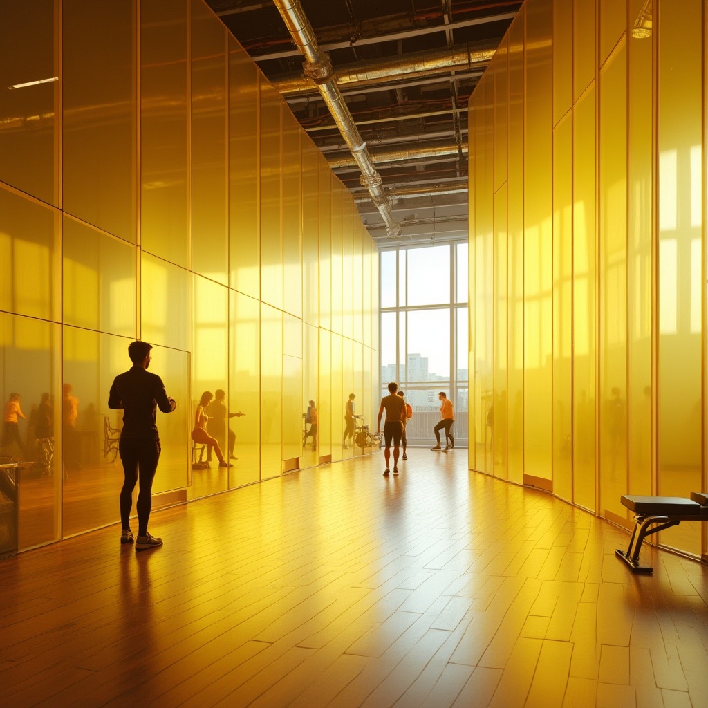 Prompt: Modern gymnasium interior, light yellow colored glass walls, transparent and reflective surfaces, abstract geometric patterns, sleek lines, minimalist aesthetic, spacious high ceiling, athletic equipment silhouettes, natural light pouring in through large windows, subtle shadows, dynamic composition, 3/4 view angle, warm ambient lighting, soft focus effect, fitness enthusiasts exercising in the background, wooden flooring, metallic accents, bold color contrasts.