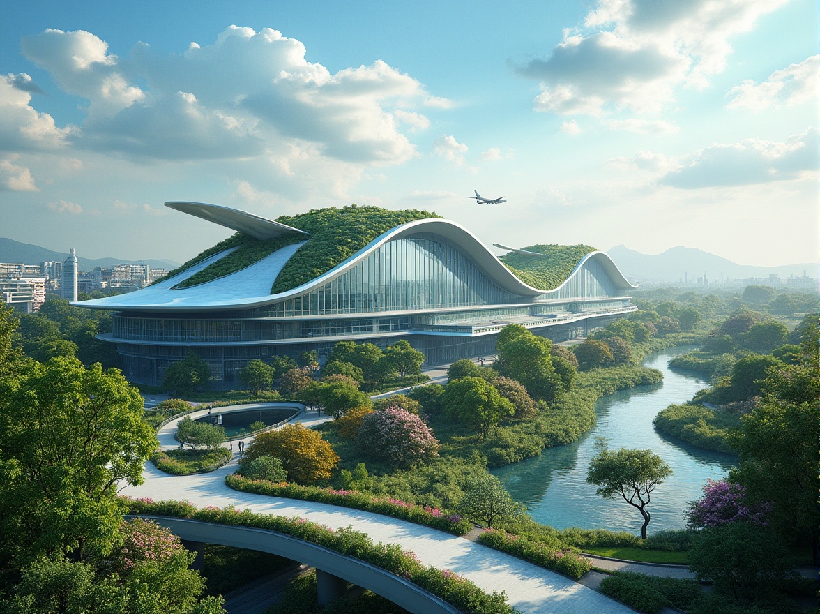 Prompt: airport fusion architecture, modern futuristic building, curved lines, sleek glass, steel beams, green roof, lush trees, vibrant flowers, winding walkway, urban jungle, cityscape, blue sky, white clouds, sunny day, afternoon light, 3/4 composition, soft focus, natural color palette, ambient occlusion, cinematic mood.