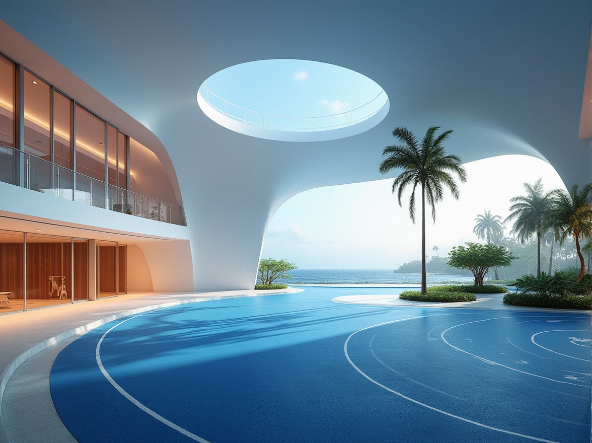 Prompt: Modern island gymnasium, futuristic architecture, curved lines, white walls, large windows, ocean view, palm trees surrounding, outdoor athletic tracks, blue rubber flooring, metal beams, glass roof, natural lighting, 3/4 composition, panoramic view, dramatic shadows, minimalist interior design, sleek equipment, wooden accents, ambient light, evening atmosphere, tropical island landscape.