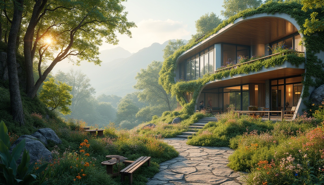 Prompt: Serene landscape integration, blending with nature, futuristic architecture, curved lines, eco-friendly materials, lush greenery, vines crawling up walls, flower-filled balconies, wooden accents, floor-to-ceiling windows, natural lighting, panoramic view, misty morning atmosphere, gentle fog rolling in, distant mountains, soft sunlight filtering through trees, vibrant wildflowers blooming, winding stone path, rustic benches, ambient sounds of nature, warm and cozy ambiance, HDR, cinematic composition.