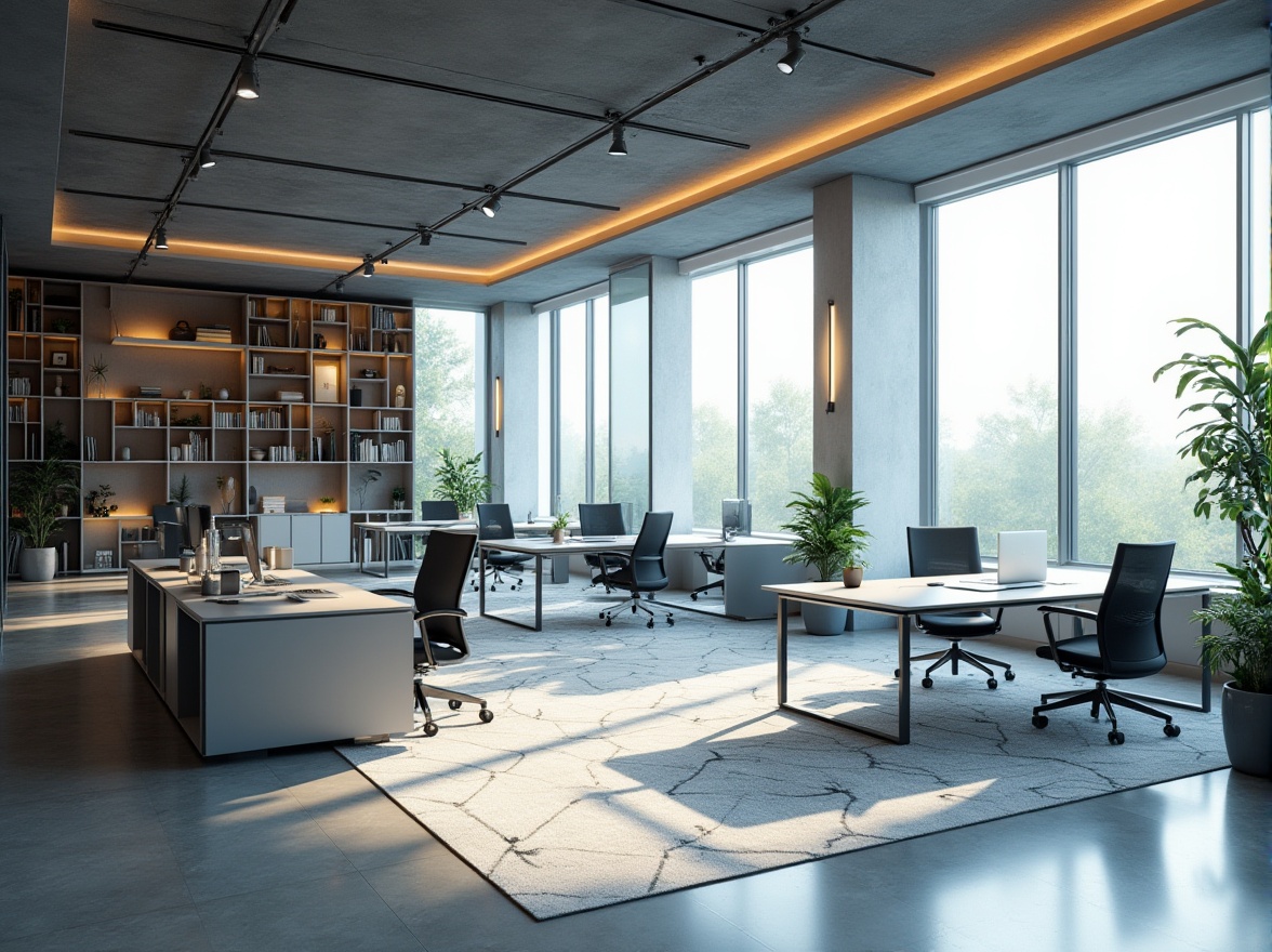 Prompt: Modern minimalist office space, large floor-to-ceiling windows, abundant natural light, sleek metallic desks, ergonomic chairs, organized bookshelves, scattered potted plants, geometric patterned rug, subtle ambient lighting, 3/4 composition, panoramic view, futuristic tone, optimized functionality.