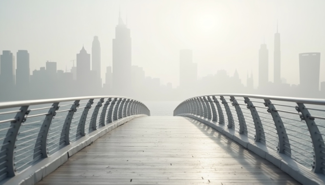 Prompt: Monochromatic, minimalist pedestrian bridges, sleek lines, silver metal railings, wooden or concrete decks, subtle texture, gentle curves, serene urban landscapes, misty morning atmosphere, soft natural light, shallow depth of field, 3/4 composition, wide-angle lens, neutral tones, beige, gray, white, subtle shadows, modern architecture, city skylines.