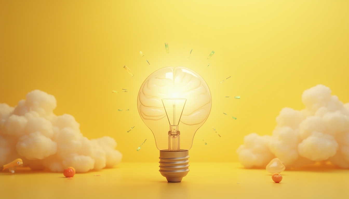 Prompt: Light yellow background, optimistic atmosphere, warm sunny day, gentle cloud, minimalist modern interior, psychological analysis diagram, 3D brain model, bright idea lightbulb, inspirational quotes, creative workspace, wooden desk, ergonomic chair, artistic splashes, watercolor textures, soft focus, shallow depth of field, calming mood, uplifting ambiance, warm color palette, inviting composition.