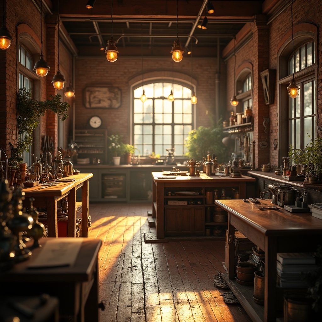 Prompt: Golden accents, luxurious workshop, industrial chic, wooden workbenches, metal tools, rustic brick walls, vintage machinery, warm golden lighting, afternoon sunbeams, soft shadows, elegant furniture, sophisticated atmosphere, creative space, 3/4 composition, shallow depth of field, realistic textures.