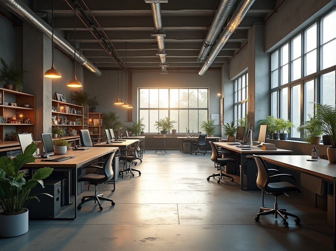 Prompt: Modern minimalist workshop, urban industrial style, concrete walls, steel beams, metal tables, ergonomic chairs, plenty of natural light, floor-to-ceiling windows, softbox lighting, overhead track lights, pendant lamps, warm white LED strips, wooden accents, greenery on shelves, 3/4 composition, shallow depth of field, panoramic view, morning sunlight, cinematic ambiance.