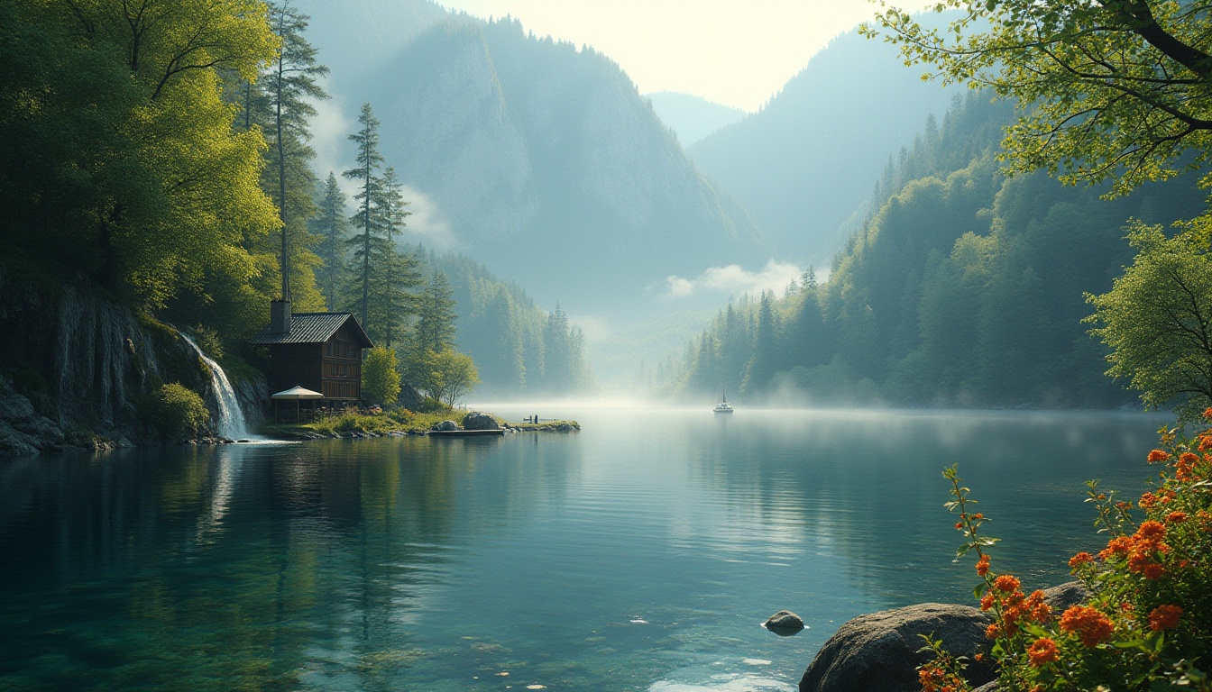 Prompt: Landscape integration, blending with nature, serene mountain lake, misty morning atmosphere, lush green forest, towering trees, wooden dock, sailboat, reflections on calm water, surrounding rocky cliffs, gentle waterfall, vibrant wildflowers, soft sunlight filtering through the foliage, warm and cozy ambient lighting, peaceful composition, 3/4 view angle, cinematic depth of field.