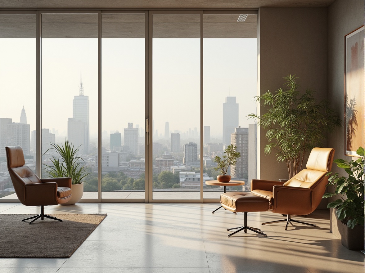 Prompt: Modern minimalist interior, sleek lines, geometric shapes, functional furniture, ergonomic chair, wooden accents, metal legs, floor-to-ceiling windows, urban city view, 3/4 composition, soft natural light, warm color palette, Scandinavian style, cozy atmosphere, abstract art piece on wall, potted plants, concrete flooring, industrial chic, panoramic view.