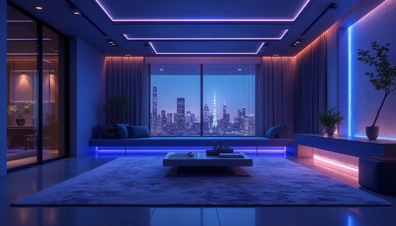 Prompt: Modern interior design, blue violet color palette, luxurious ambiance, sleek lines, minimalist decor, contemporary furniture, glossy surfaces, metallic accents, ambient lighting, subtle shadows, 3/4 composition, soft focus, warm tone, high-end materials, velvety texture, abstract shapes, futuristic vibe, cityscape view, skyscraper background, night scene, urban landscape.