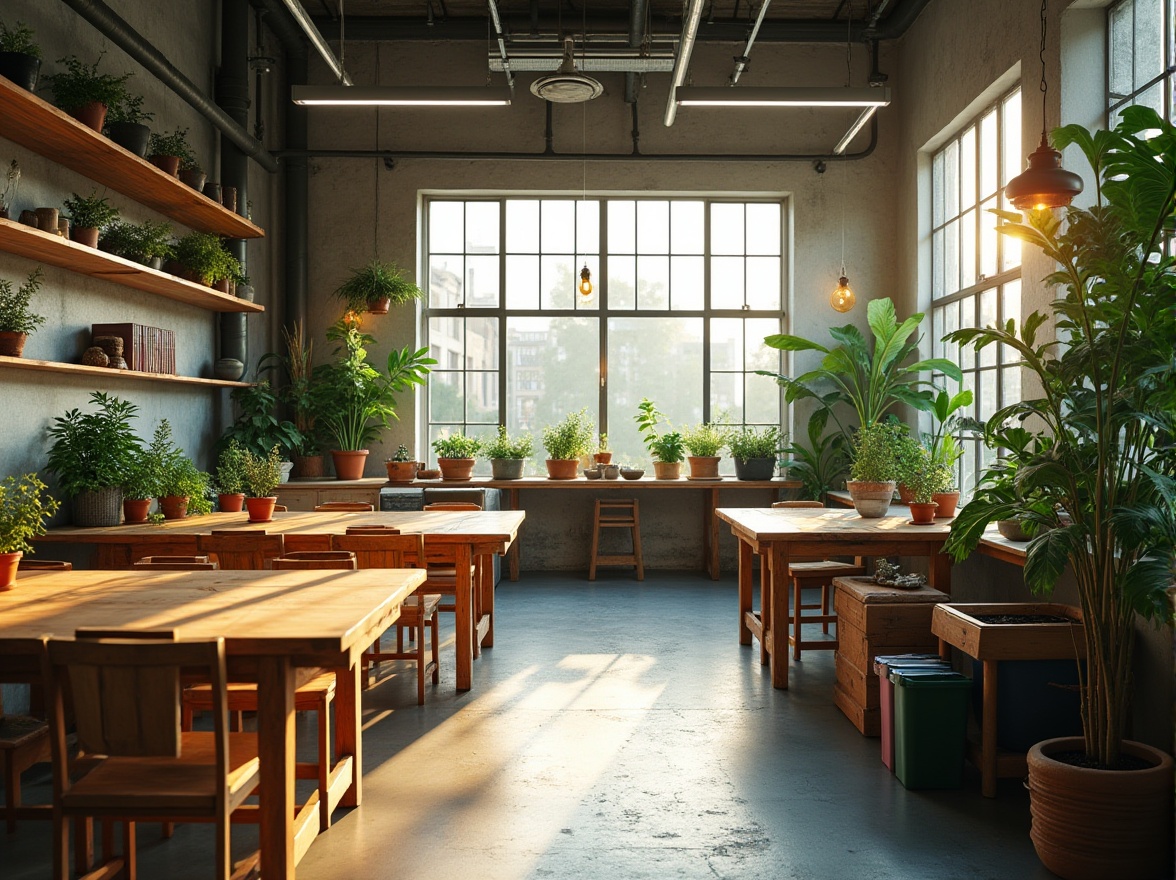 Prompt: Urban minimalist workshop, eco-friendly interior, natural light, reclaimed wood tables, potted plants, green walls, recycling bins, minimal decorations, industrial chic lighting, concrete floors, large windows, cityscape view, 3/4 composition, warm and soft ambient lighting, morning sunlight, subtle shadows.