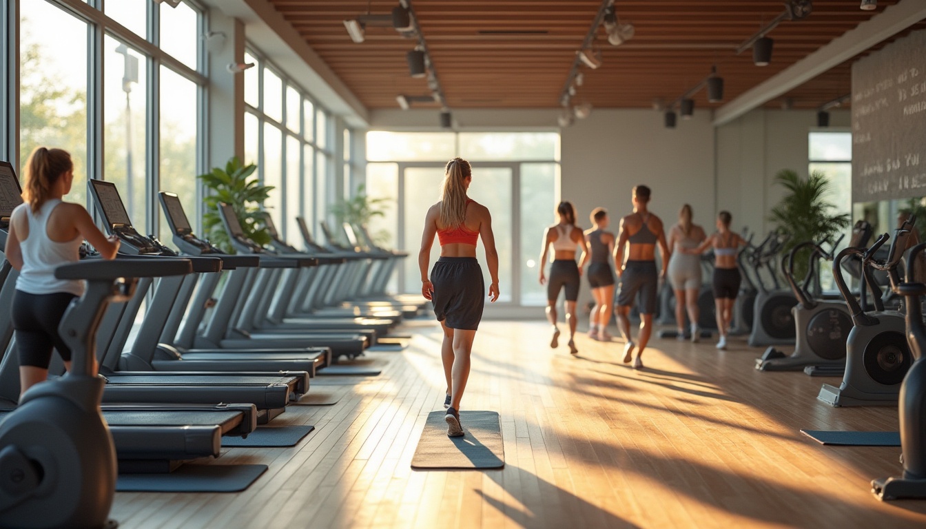 Prompt: Modern gym interior, bright natural light pouring in through floor-to-ceiling windows, rows of sleek exercise machines, wooden floors, fitness enthusiasts, diverse age range, dynamic movements, athletic wear, yoga mats, resistance bands, water bottles, sporty hairstyles, sweat droplets, healthy glow, motivational quotes on walls, clean lines, minimal decor, airy atmosphere, morning sunlight, shallow depth of field, realistic rendering.