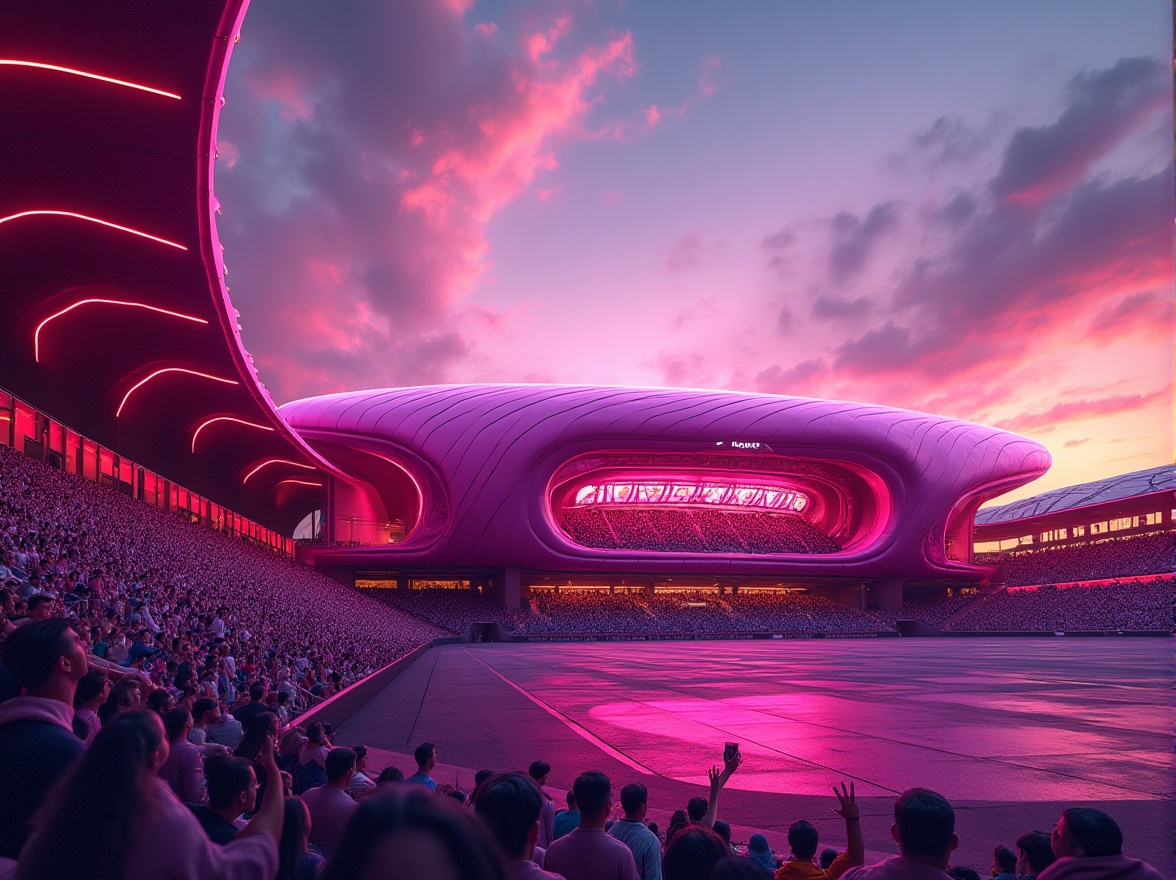 Prompt: Fuchsia stadium, bold architectural design, vibrant pink-purple color scheme, futuristic structure, sleek lines, geometric shapes, dynamic lighting, sunset atmosphere, warm glow, dramatic shadows, grandstand seating, excitement-filled crowd, sports event, energetic atmosphere, low-angle shot, wide-angle lens, high-contrast lighting.