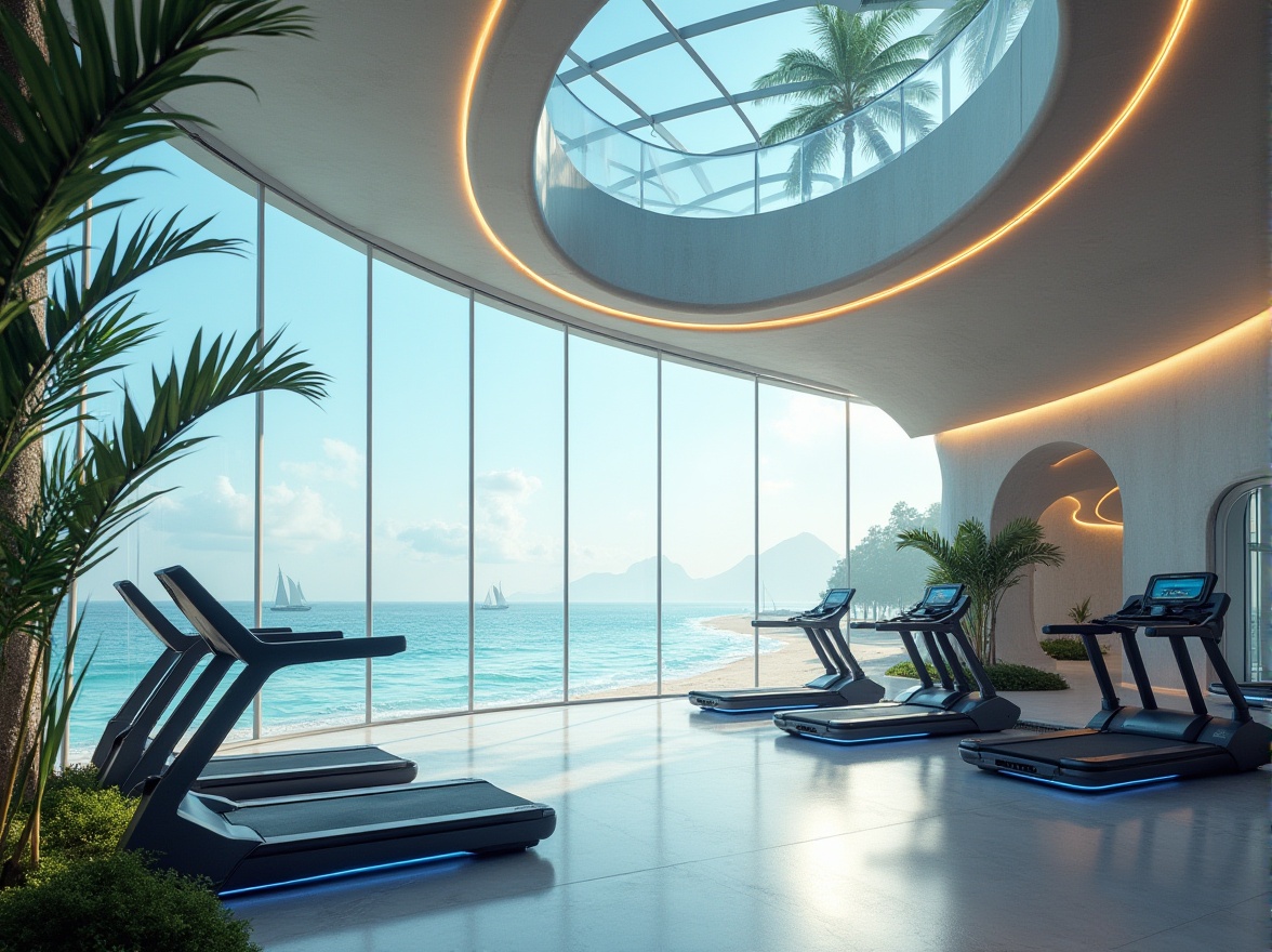 Prompt: Futuristic island gymnasium, sleek curved architecture, oceanview windows, glass roof, modern LED lights, minimalistic interior, tropical plants, sandy beach surroundings, palm trees, clear turquoise water, sailboats in the distance, morning sunlight, atmospheric mist, 3/4 composition, low-angle shot, dramatic lighting, high-tech exercise equipment, futuristic treadmills, virtual reality fitness area, metallic flooring, sound-absorbing walls.