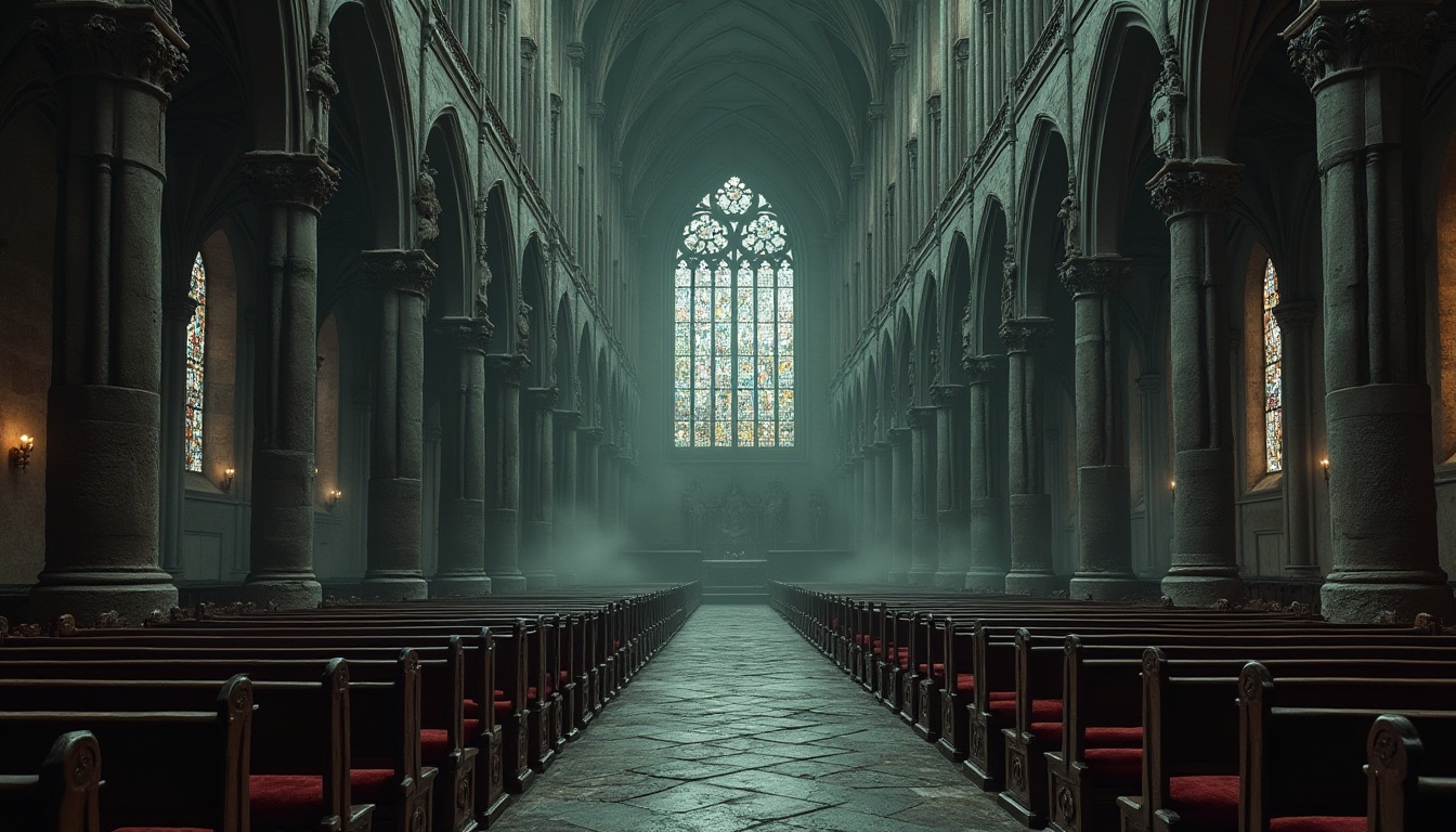 Prompt: Gothic cathedral, grand interior, stained glass windows, intricate stone carvings, ornate columns, vaulted ceilings, ribbed arches, dramatic lighting, mysterious atmosphere, dark wood pews, red velvet cushions, golden accents, weathered stone walls, moss-covered statues, foggy mist surrounding, eerie silence, detailed texture, high contrast, cinematic composition, wide-angle shot.