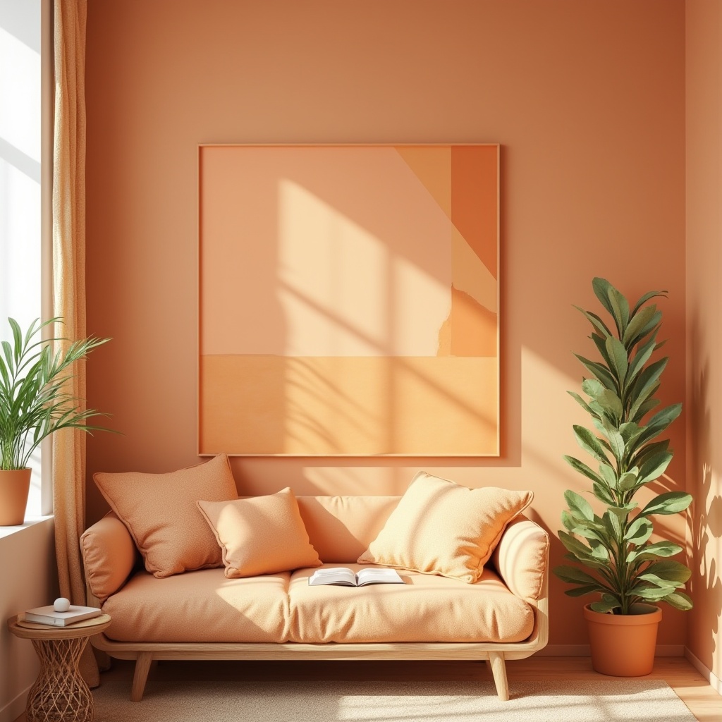 Prompt: Apricot color, vibrant warm tone, pastel hue, design element, modern interior, Scandinavian style, minimalist decor, accent wall, geometric pattern, abstract artwork, 3D shape composition, soft lighting, warm atmosphere, natural texture, wooden furniture, woven basket, potted plants, cozy reading nook, inviting ambiance, relaxing mood, Instagram-worthy shot, 90-degree angle, shallow depth of field, bokeh effect.