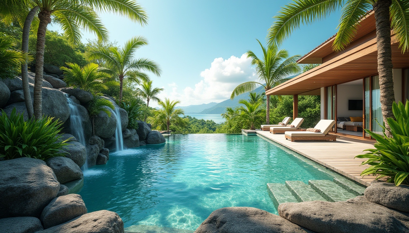 Prompt: Lush greenery, natural stones, serene waterfalls, infinity pool, modern villa, tropical plants, palm trees, sunny day, blue sky, warm lighting, shallow waters, lounging chairs, beach balls, wooden deck, rattan furniture, refreshing ambiance, summer vibe, 3/4 composition, panoramic view, soft focus, HDR.