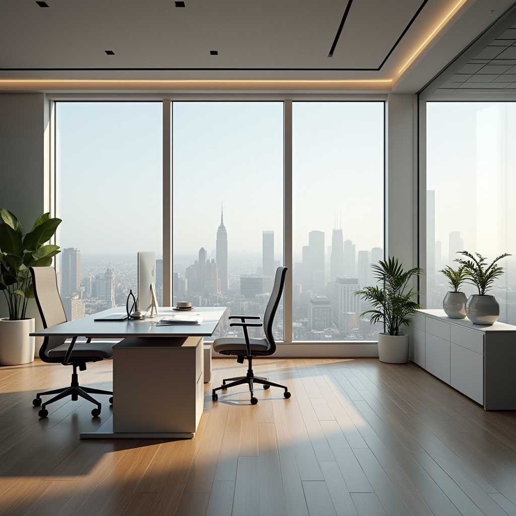 Prompt: Modern minimalist office, spatial organization, maximizing functionality, sleek lines, ergonomic furniture, adjustable desk, high-backed executive chair, floor-to-ceiling windows, natural light, cityscape view, subtle LED lighting, wooden flooring, geometric patterns, 3D composition, shallow depth of field, soft focus, Scandinavian style, functional simplicity.