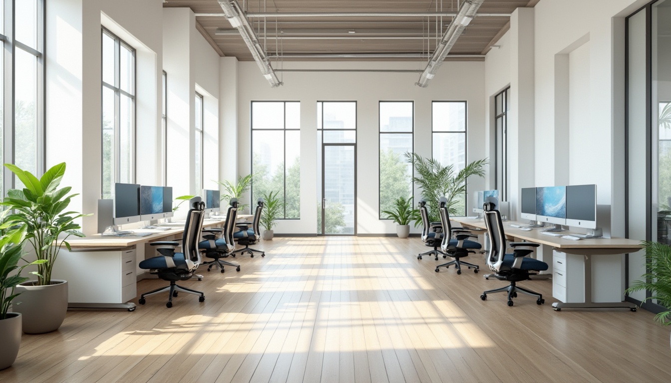 Prompt: modern office space, minimalist design, white walls, wooden floors, large windows, natural light, open layout, collaborative workstations, ergonomic chairs, sleek desks, futuristic computers, high-tech gadgets, greenery, potted plants, calming ambiance, soft indirect lighting, 3/4 composition, panoramic view.