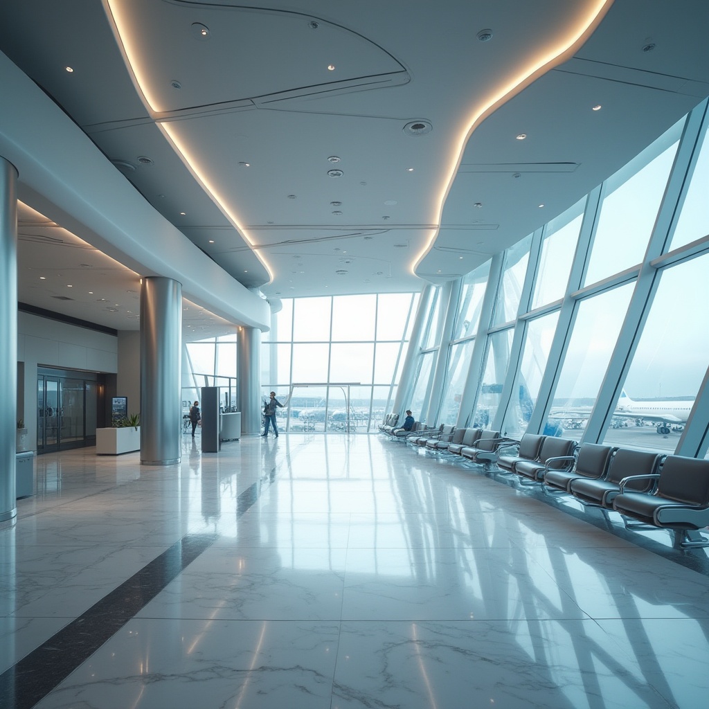 Prompt: Modern airport interior, futuristic aesthetic, sleek lines, polished marble floor, silver pillars, minimalist benches, automatic sliding doors, LED light strips, gentle curves, efficient passenger flow, optimized circulation paths, spacious hallways, high ceilings, panoramic views of the airfield, natural light pouring in through floor-to-ceiling windows, subtle ambient lighting, 3/4 composition, shallow depth of field, soft focus on background.