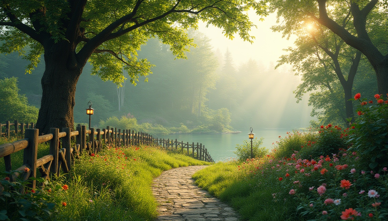 Prompt: Seamless landscape integration, serene natural surroundings, lush greenery, blooming vibrant flowers, gentle slope, soft grass, intricate stone pathway, weathered wooden fence, rustic lantern, misty morning atmosphere, warm sunlight filtering through trees, dappled shadows on the ground, peaceful ambiance, 3/4 composition, panoramic view, cinematic lighting.