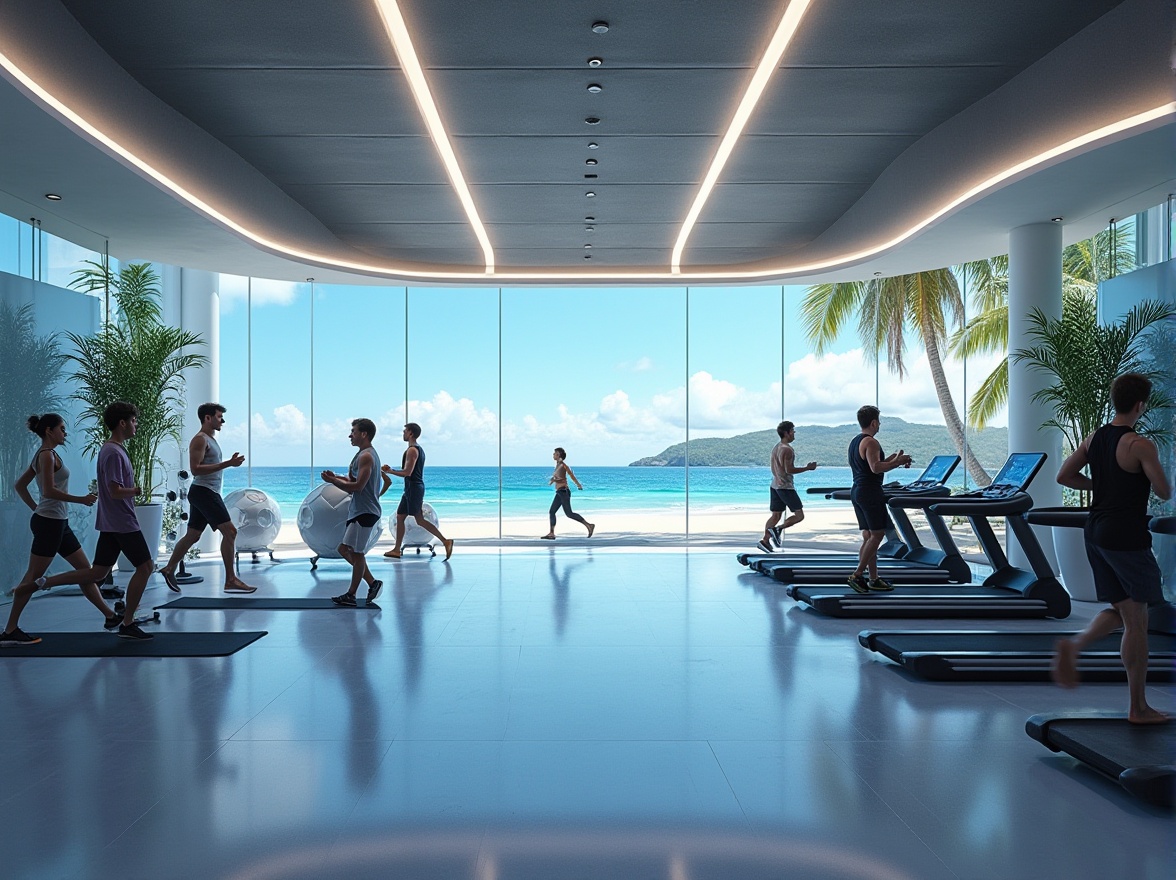 Prompt: Futuristic island gymnasium, modern architecture, curved lines, glass walls, steel beams, neon lights, LED strips, sleek flooring, high ceiling, panoramic ocean view, tropical plants, palm trees, sandy beach, crystal clear waters, sunny day, blue sky, few puffy white clouds, athletic people exercising, running on treadmills, lifting weights, yoga mats, mirrors, fitness equipment, minimalist decor, metallic accents, ambient lighting, 3/4 composition, cinematic atmosphere.