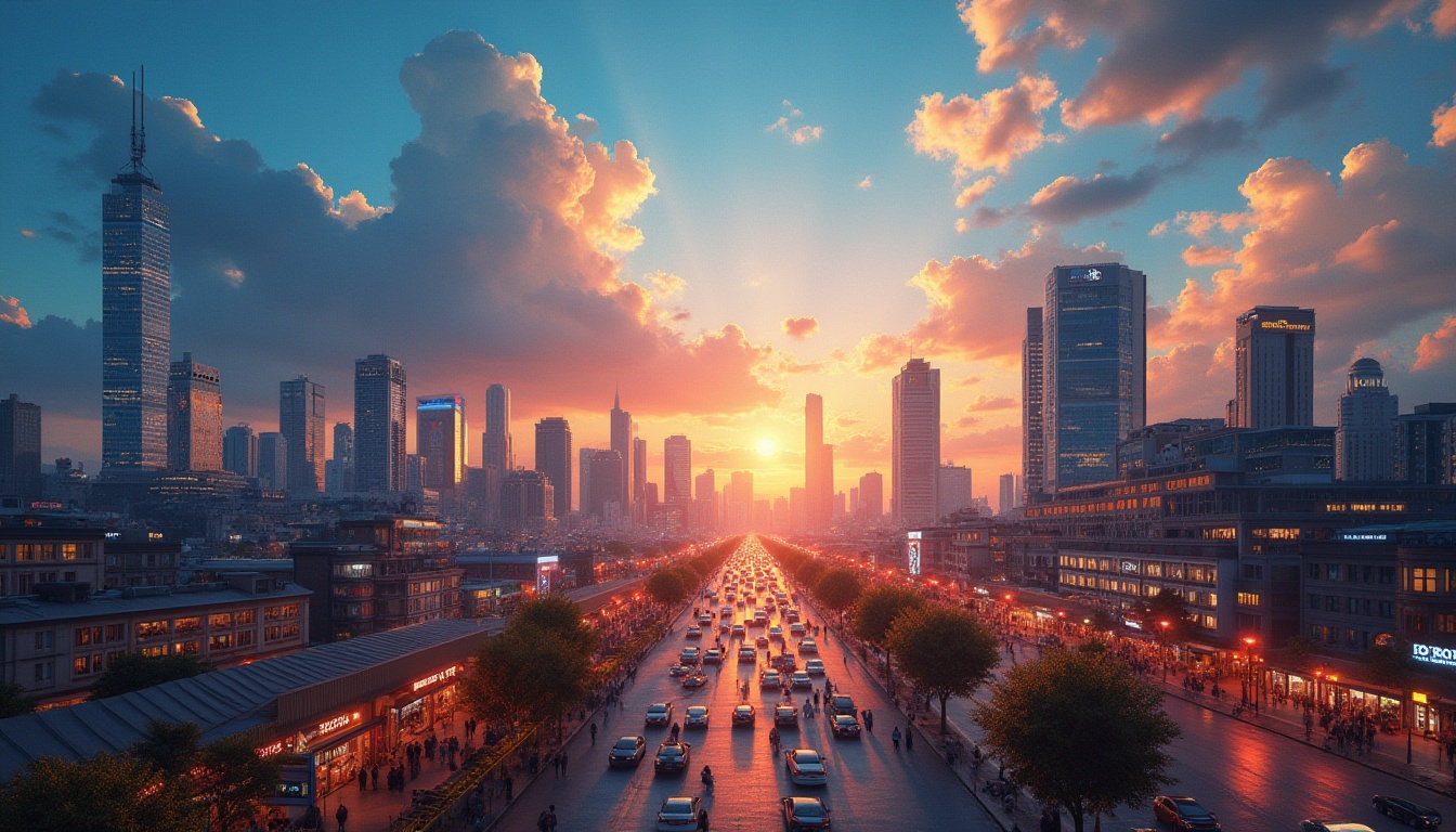 Prompt: Vibrant cityscape, warm golden hour, deep blue sky, fluffy white clouds, modern skyscrapers, intricate details, neon lights, bustling streets, busy pedestrians, bright street lamps, warm glow, soft bokeh, cinematic composition, shallow depth of field, urban atmosphere, lively mood, dynamic lighting.