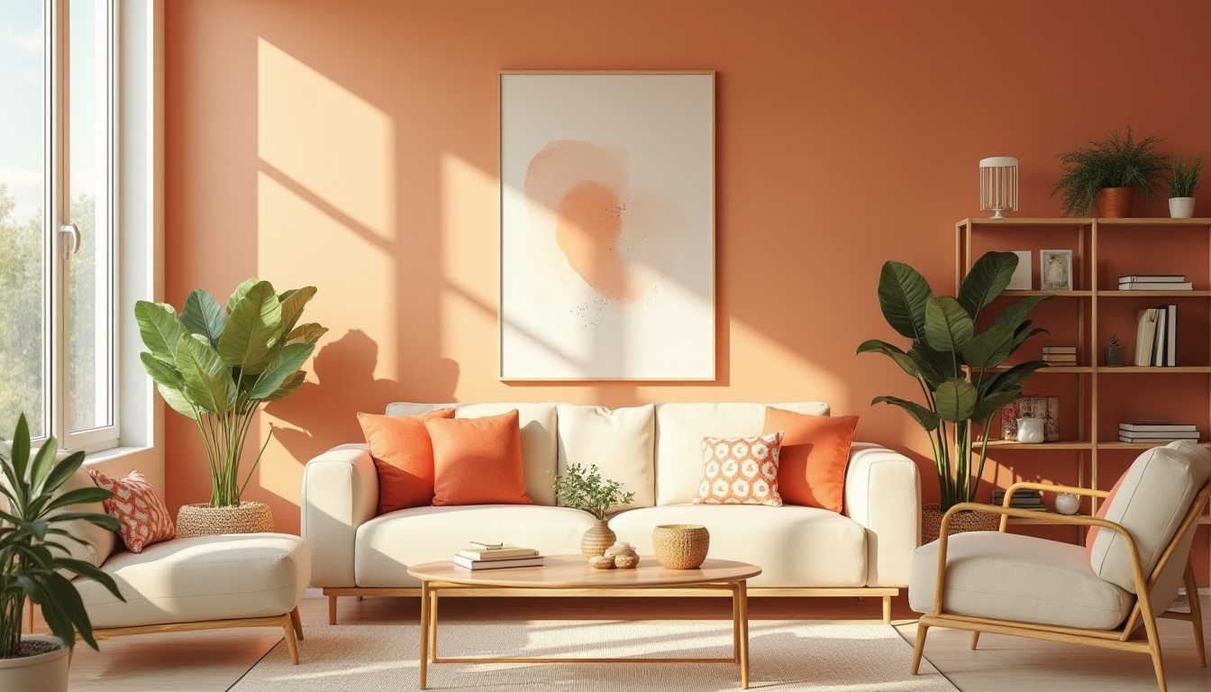 Prompt: Apricot-colored walls, warm beige furniture, golden accents, minimalist chic decor, modern interior design, Scandinavian style, natural light pouring through large windows, greenery on shelves, abstract artwork, geometric patterns, vibrant apricot-colored throw pillows, soft focus, shallow depth of field, pastel colors, Instagram-inspired aesthetic, afternoon sunlight, 3/4 composition.