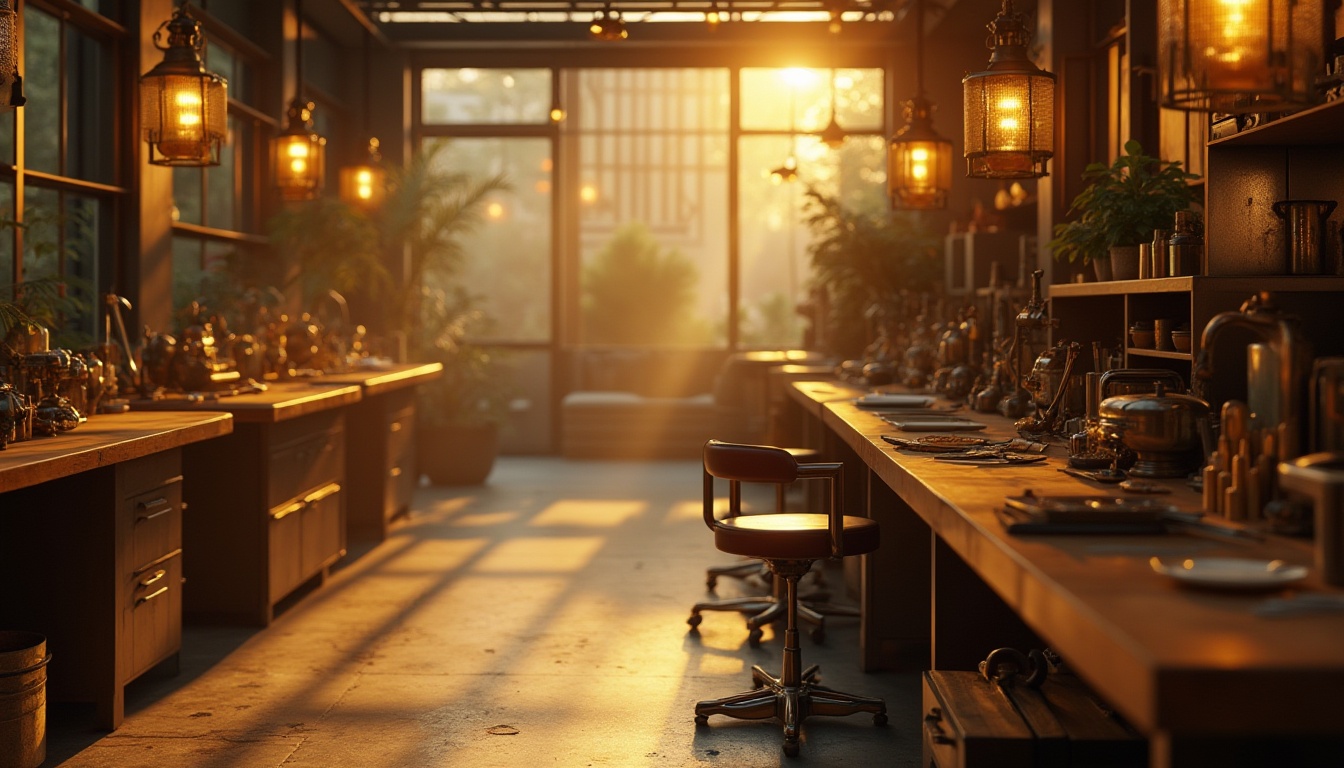 Prompt: Golden color accents, luxurious, modern workshop, sleek machinery, industrial-style furniture, wooden workbenches, metal tools, golden rivets, polished chrome handles, warm lighting, afternoon sunbeams, soft shadows, 3/4 composition, shallow depth of field, minimalist background, ambient occlusion, cinematic rendering.