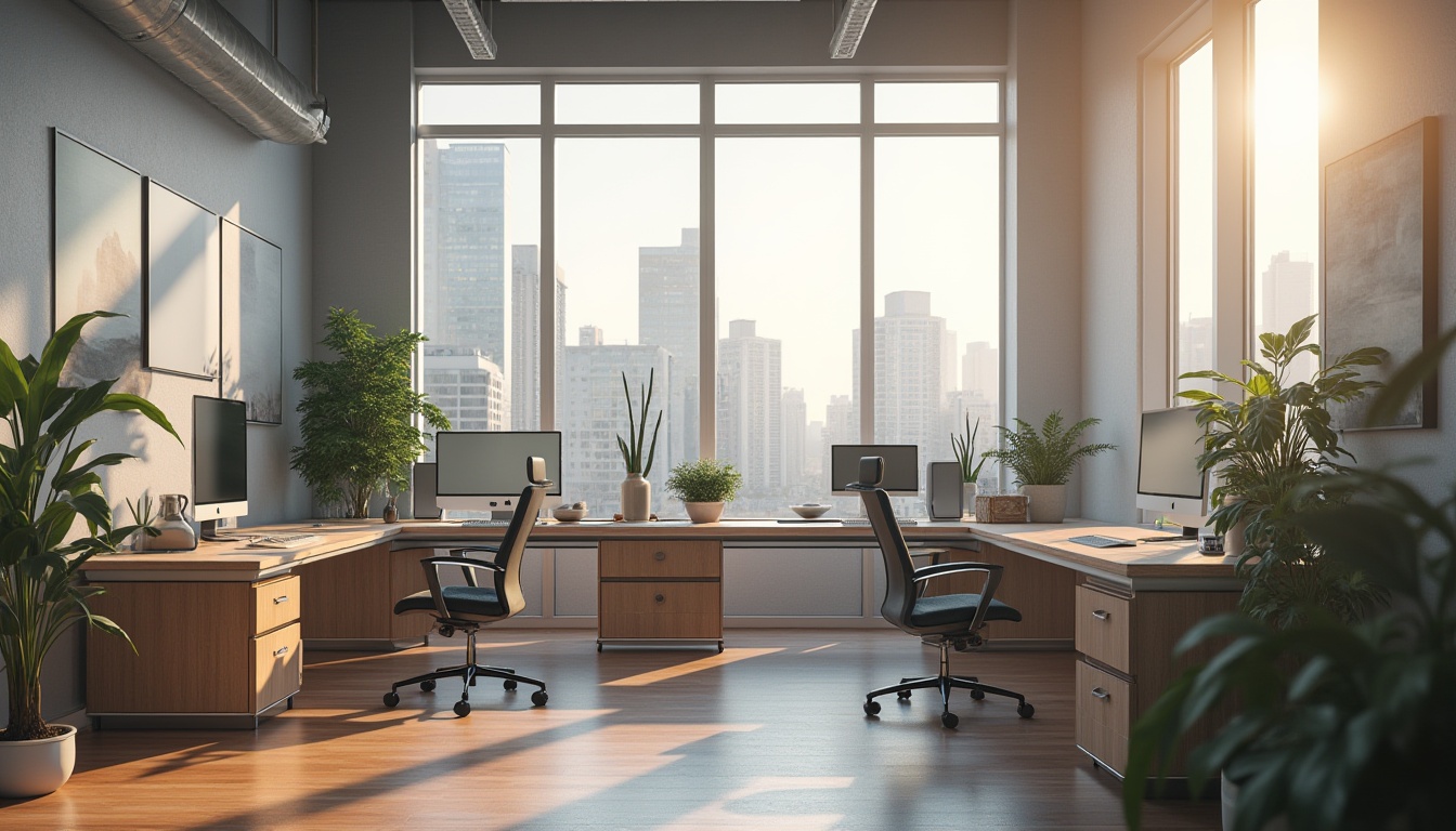 Prompt: Modern office, functional layout, efficient design, minimalist decor, wooden desk, ergonomic chair, sleek laptop, multiple monitors, organized workspace, plenty of natural light, large windows, cityscape view, morning sun, soft shadows, 3/4 composition, shallow depth of field, neutral color palette, ambient lighting.