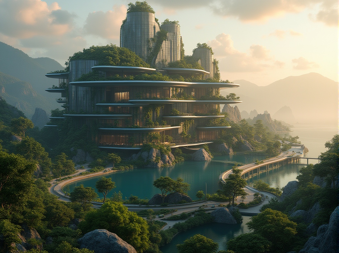 Prompt: Landscape integration, futuristic skyscraper, green rooftop, lush trees, vines crawling up walls, glass facade reflecting surrounding environment, curved lines blending with natural shapes, seamless transition between building and landscape, serene lake in the foreground, misty mountains in the distance, warm golden light at dusk, soft focus on the architecture, high contrast between natural and man-made elements, atmospheric perspective, grand composition.