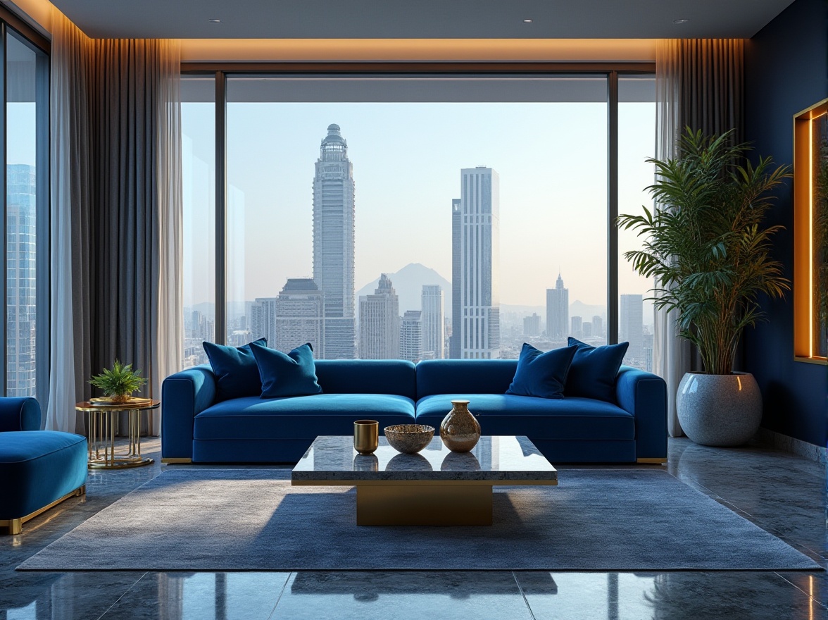 Prompt: Luxurious interior design, sapphire blue accents, velvet sofa, golden frame, marble coffee table, floor-to-ceiling windows, cityscape view, modern skyscraper, 3/4 composition, soft natural light, warm ambient glow, realistic reflection, detailed texture, high-end material, sophisticated atmosphere.