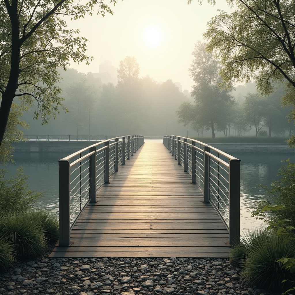 Prompt: Minimalist pedestrian bridge, sleek lines, simple curves, silver steel beams, wooden deck, horizontal railings, sparse vertical pillars, riverbank setting, serene atmosphere, gentle mist, soft morning light, shallow water reflections, lush greenery surroundings, natural stone walls, pebbled walking path, distant cityscape backdrop, atmospheric perspective, subtle shadows, warm tone color palette, cinematic composition, 3/4 camera angle.