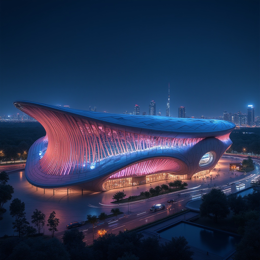 Prompt: Modern stadium, futuristic facade design, dynamic curves, LED light strips, sleek metallic materials, glass walls, angular shapes, vibrant color scheme, nighttime scene, cityscape background, urban atmosphere, bustling streets, distant skyscrapers, dramatic spotlighting, low-angle shot, 3/4 composition, high-contrast lighting, photorealistic rendering.