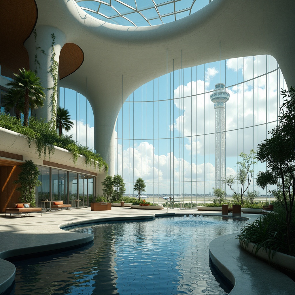 Prompt: Airport fusion architecture, futuristic building design, sleek lines, curved glass walls, steel framework, modern LED lighting, spacious atrium, indoor tropical garden, water features, fountain, koi pond, lush greenery, vines on walls, natural stone flooring, comfortable seating areas, panoramic view of runways, air traffic control tower, blue skies with fluffy white clouds, warm sunlight streaming through glass ceiling, 3/4 composition, soft focus background, cinematic atmosphere.