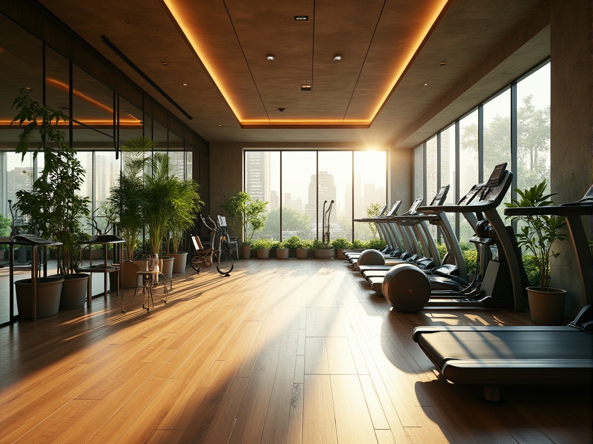 Prompt: Eco-friendly fitness club, modern minimalist interior, wooden floor, natural stone walls, green plants, LED lights, energy-efficient equipment, recycled materials, futuristic machines, sleek lines, metallic accents, mirror walls, ceiling-to-floor windows, cityscape views, morning sunlight, soft shadows, 3/4 composition, shallow depth of field, warm color tone, inviting atmosphere.