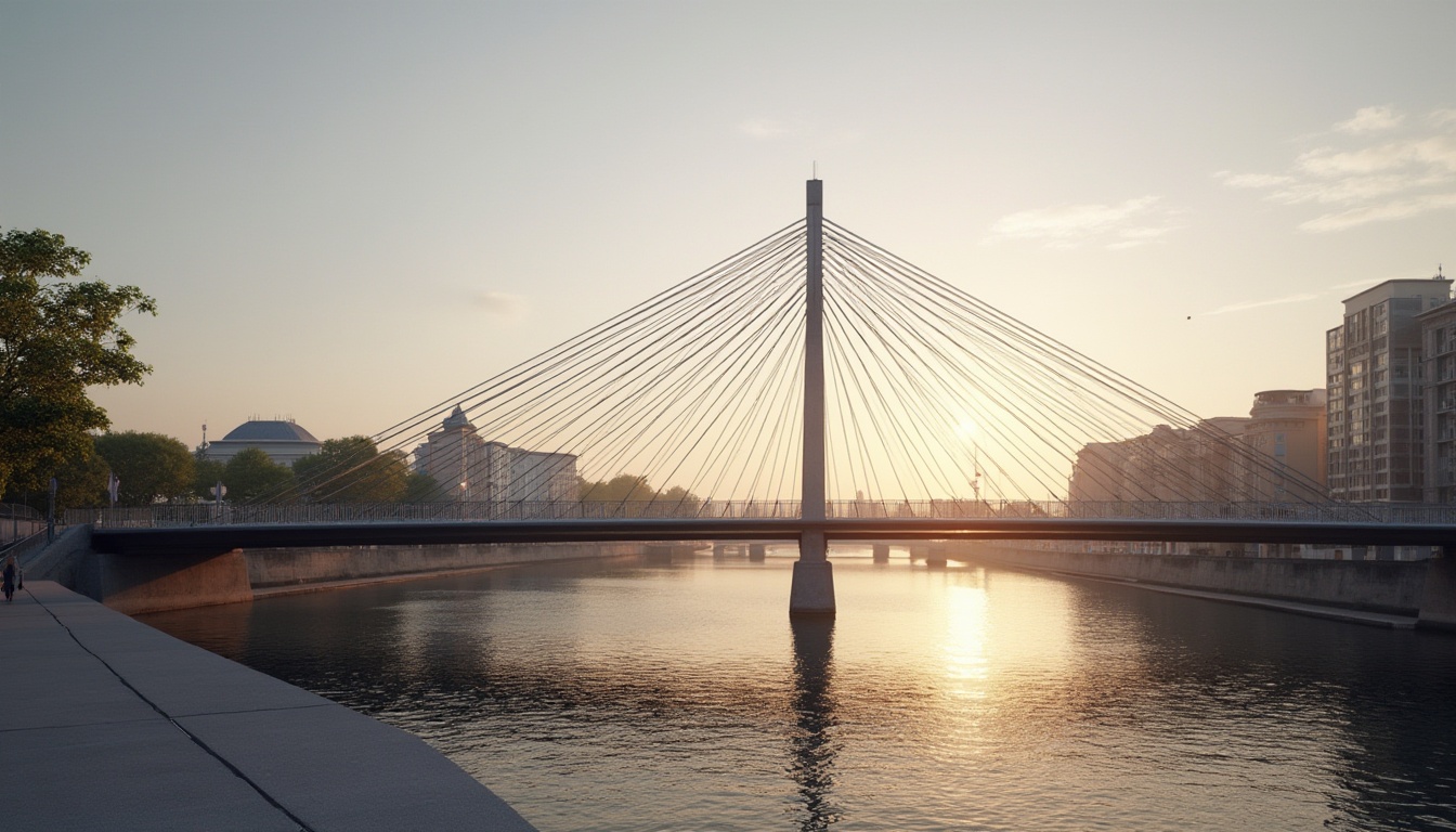 Prompt: Minimalist bridge, sleek lines, steel beams, simple geometric shape, urban landscape, modern cityscape, sunset, warm soft light, gentle river flow, calm atmosphere, pedestrian path, subtle shadows, clean composition, 3/4 view, soft focus, ambient Occlusion, realistic materials, reflective water surface.