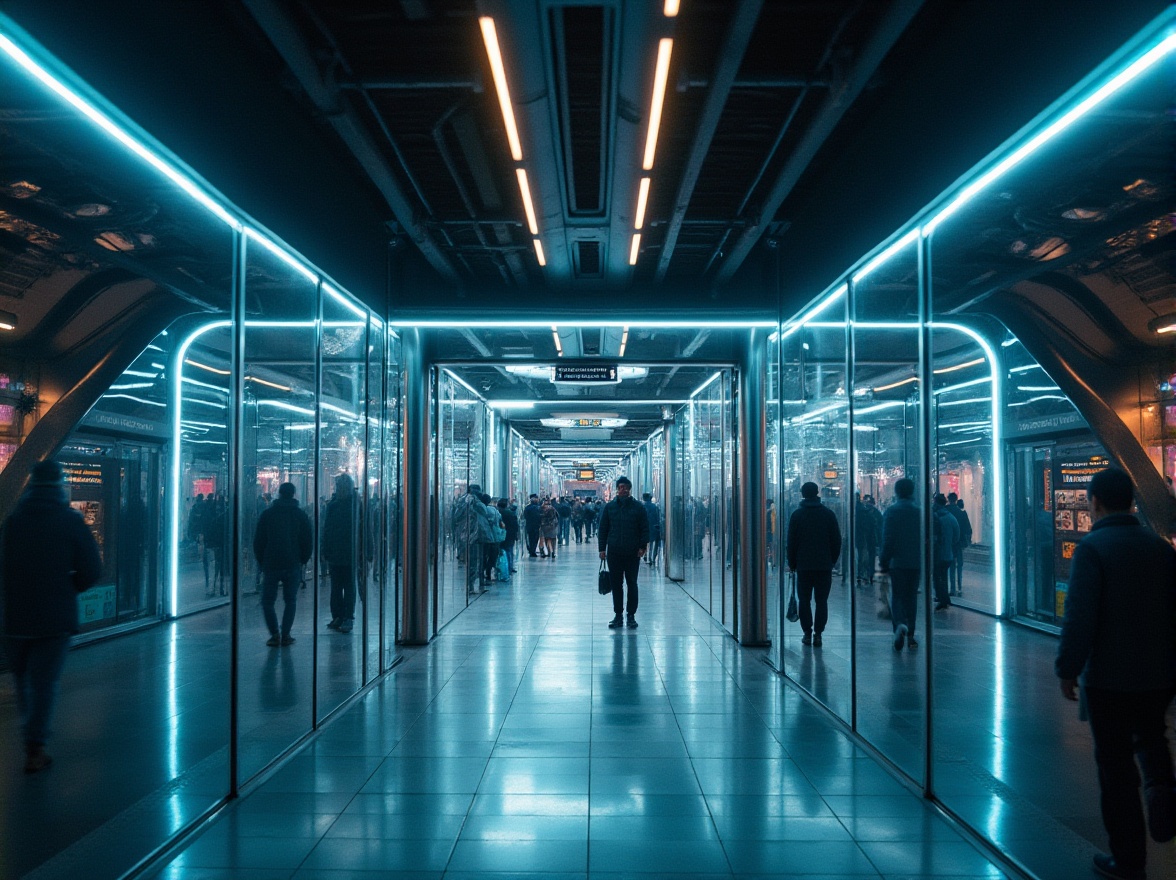 Prompt: Modern metro station facade, futuristic architecture, sleek lines, LED lights, stainless steel materials, glass walls, minimalist design, urban jungle setting, cityscape background, busy street scene, pedestrian traffic, abstract reflections on glass surfaces, dramatic night lighting, cinematic composition, low-angle shot, emphasis on structure and texture.