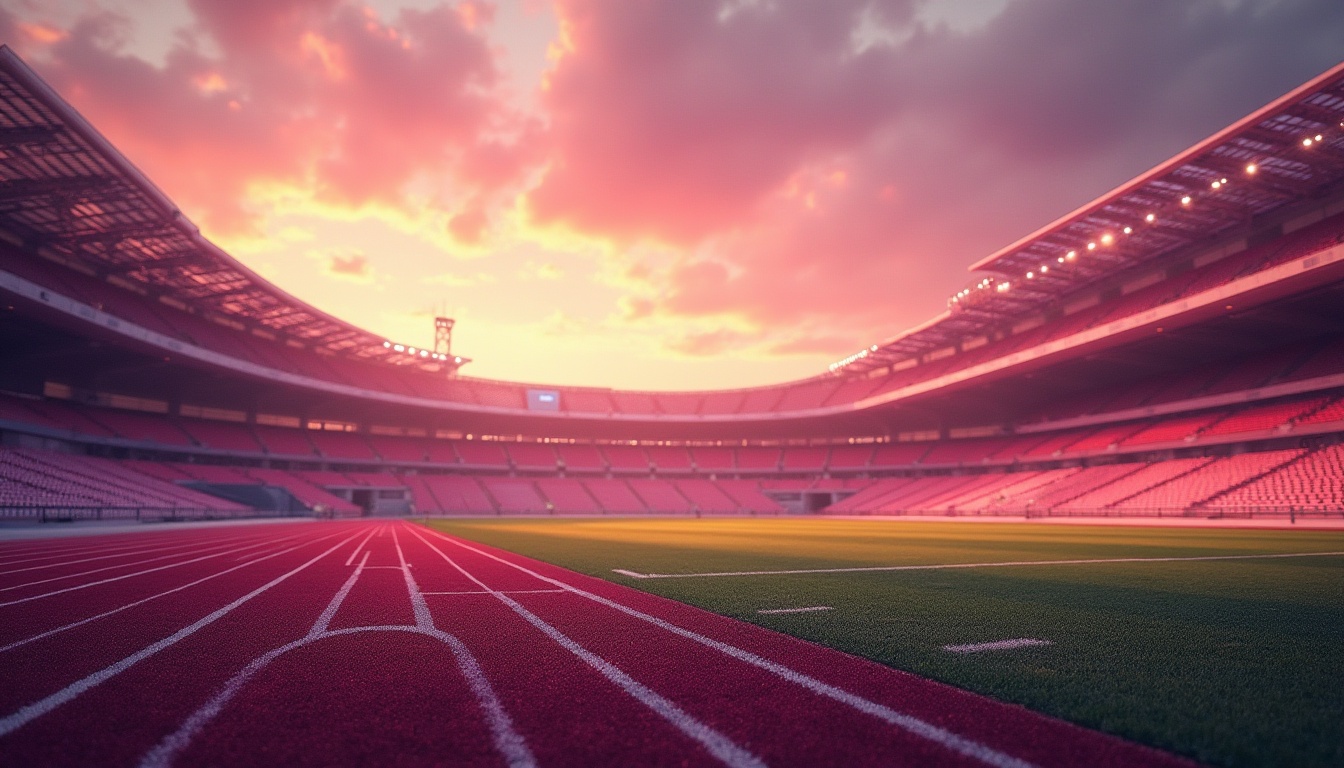 Prompt: Mauve color, sports field design, vibrant atmosphere, sunset backdrop, athletic track, football field, soccer stadium, vibrant mauve seats, mauve-colored scoreboard, dynamic lighting, low-angle shot, dramatic composition, warm ambient light, soft focus, shallow depth of field, realistic texture, 3D modeling, modern architecture.