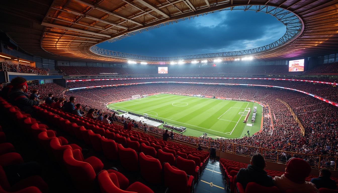 Prompt: Stadium interior, modern architecture, luxurious seats, soft velvet texture, golden metal railings, shiny polished floor, large HD screens, vibrant LED lights, excited crowd, cheering fans, sports jerseys, hats, scarves, evening atmosphere, warm lighting, dramatic shadows, realistic reflections, cinematic composition, 3/4 view, low-angle shot, depth of field.