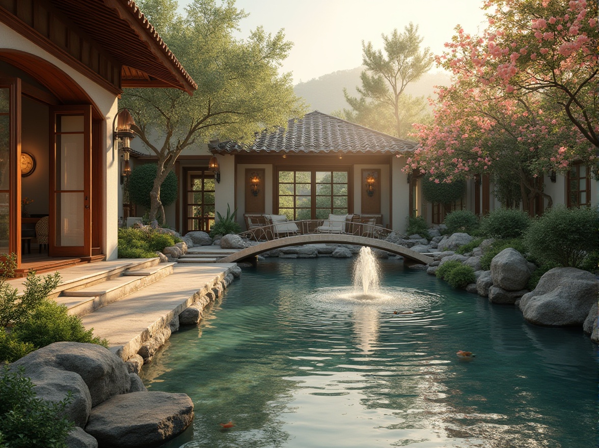 Prompt: Serenely peaceful scenic spot, incorporating water features, luxurious villa, outdoor courtyard, natural stone floor, surrounding lush greenery, tranquil koi pond, gently flowing small waterfall, elegant fountain, intricately designed bridge, soft warm lighting, sunset ambiance, vibrant blooming flowers, delicate misty atmosphere, 3/4 composition, panoramic view, cinematic realism, high dynamic range.