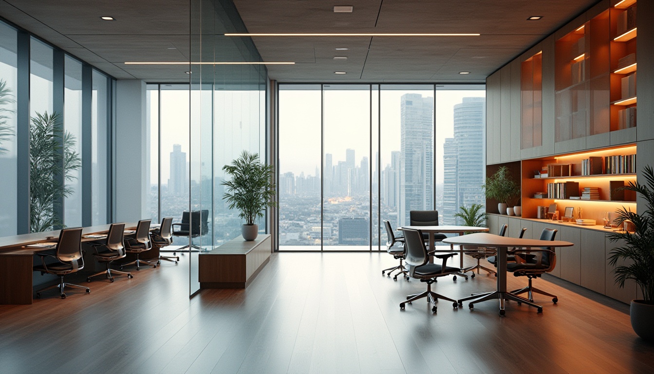 Prompt: Modern office interior, minimalist spatial organization, maximizing functionality, sleek lines, geometric shapes, floor-to-ceiling windows, abundant natural light, urban cityscape view, futuristic tone, metallic accents, polished wood flooring, modular furniture, ergonomic chairs, built-in shelving units, hidden storage compartments, LED strip lighting, subtle color scheme, accent walls, open collaboration spaces, acoustic panels, plants on shelves, 3/4 composition, bird's eye view.