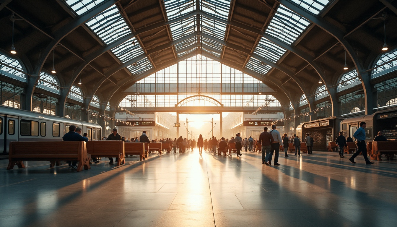 Prompt: Modern train station, grand entrance, high ceiling, natural light pouring in, thoughtful material selection, wooden benches, smooth concrete floor, steel beams, glass roof, industrial chic lighting, urban atmosphere, busy commuters, rush hour scene, warm color tone, shallow depth of field, symmetrical composition, low-angle shot, morning sunlight.