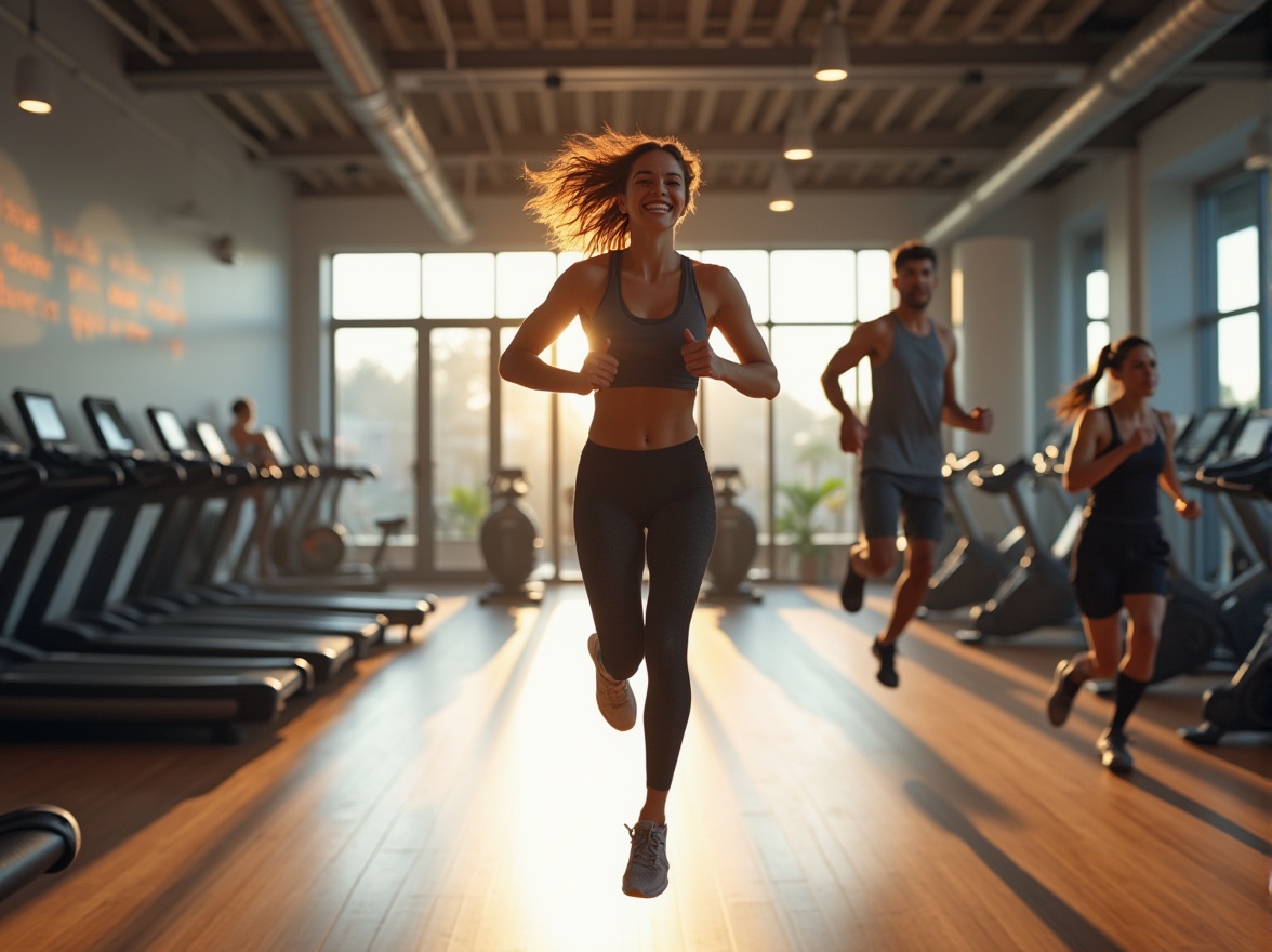 Prompt: Modern gym interior, bright natural light, polished wooden floor, rows of treadmills, exercise bikes, and weightlifting machines, motivational quotes on walls, fitness enthusiasts, diverse ages, sweaty athletic wear, sporty hairstyles, energetic facial expressions, dynamic poses, jumping, running, lifting, stretching, panoramic view, 3/4 composition, soft focus background, warm color tone, healthy ambiance.