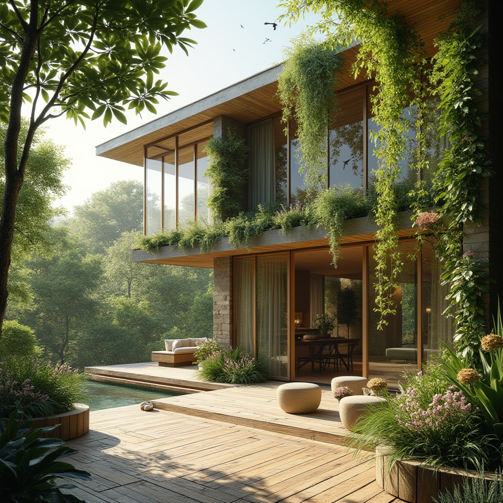 Prompt: biophilic architecture, villa, surrounded by lush greenery, large windows, sliding glass doors, seamless indoor-outdoor transition, natural stone walls, reclaimed wood flooring, living plants, vertical garden, flower-filled planters, birds flying nearby, gentle breeze, warm sunlight, soft shadows, 3/4 composition, panoramic view, cinematic lighting.