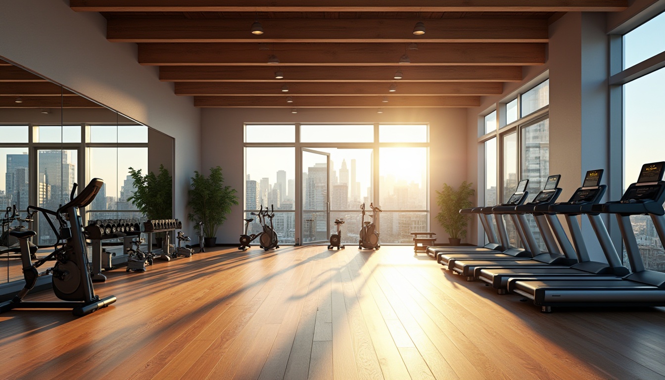 Prompt: Modern gymnasium, well-lit interior, wooden floor, various exercise equipment, treadmills, stationary bikes, free weights, resistance bands, mirrors, fitness classes, group training, personal trainers, energetic atmosphere, natural light pouring through large windows, urban cityscape outside, morning sunlight, shallow depth of field, vibrant colors, dynamic composition.