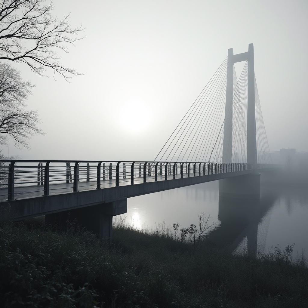 Prompt: Minimalist pedestrian bridge, sleek steel beams, simple suspension cables, clean-lined railings, polished concrete piers, subtle LED lighting, misty morning atmosphere, serene riverbank surroundings, lush greenery, distant cityscape, soft focus background, cinematic composition, low-angle shot, dramatic shadows, high-contrast monochrome tones.