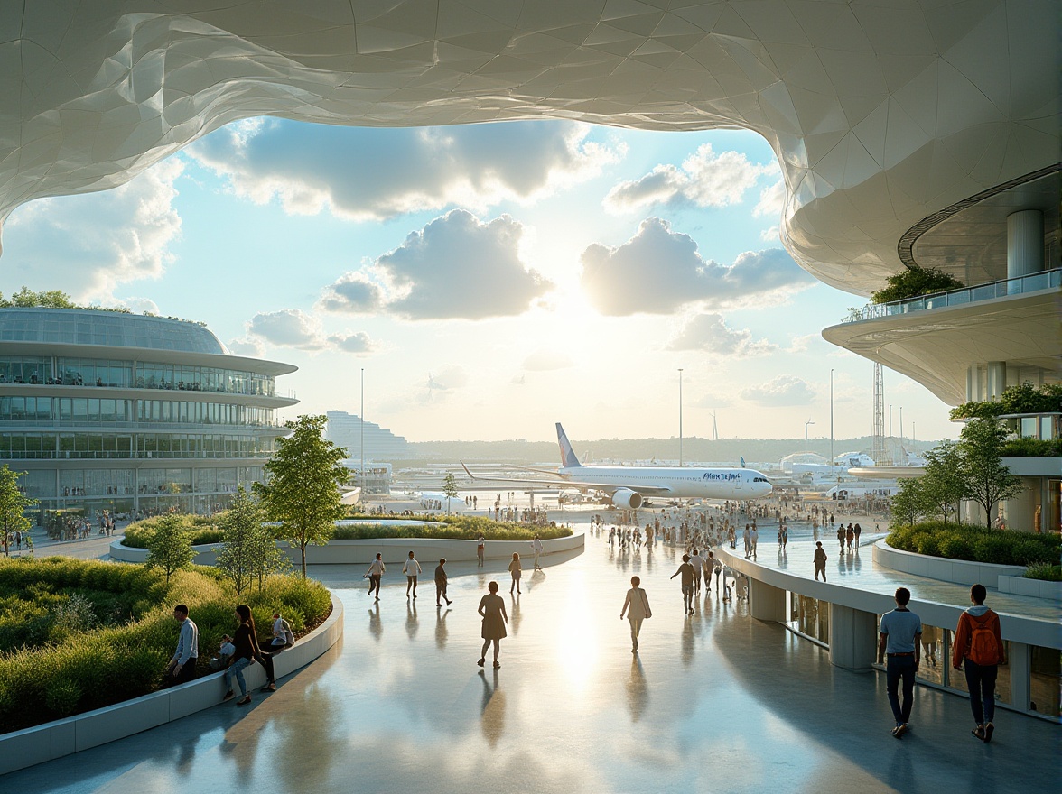 Prompt: Sustainable airport, fusion architecture, futuristic design, green roofs, solar panels, wind turbines, recyclable materials, energy-efficient systems, rainwater harvesting, vertical gardens, natural light pouring in through large windows, airy high ceilings, open spaces, minimal carbon footprint, eco-friendly atmosphere, modern minimalist interior, sleek lines, curved structures, dynamic shapes, vibrant colors, bustling activity, passengers moving swiftly, airport staff in uniforms, airplanes docking at gates, luggage carts moving smoothly, morning sunlight casting long shadows, cinematic composition, panoramic view.