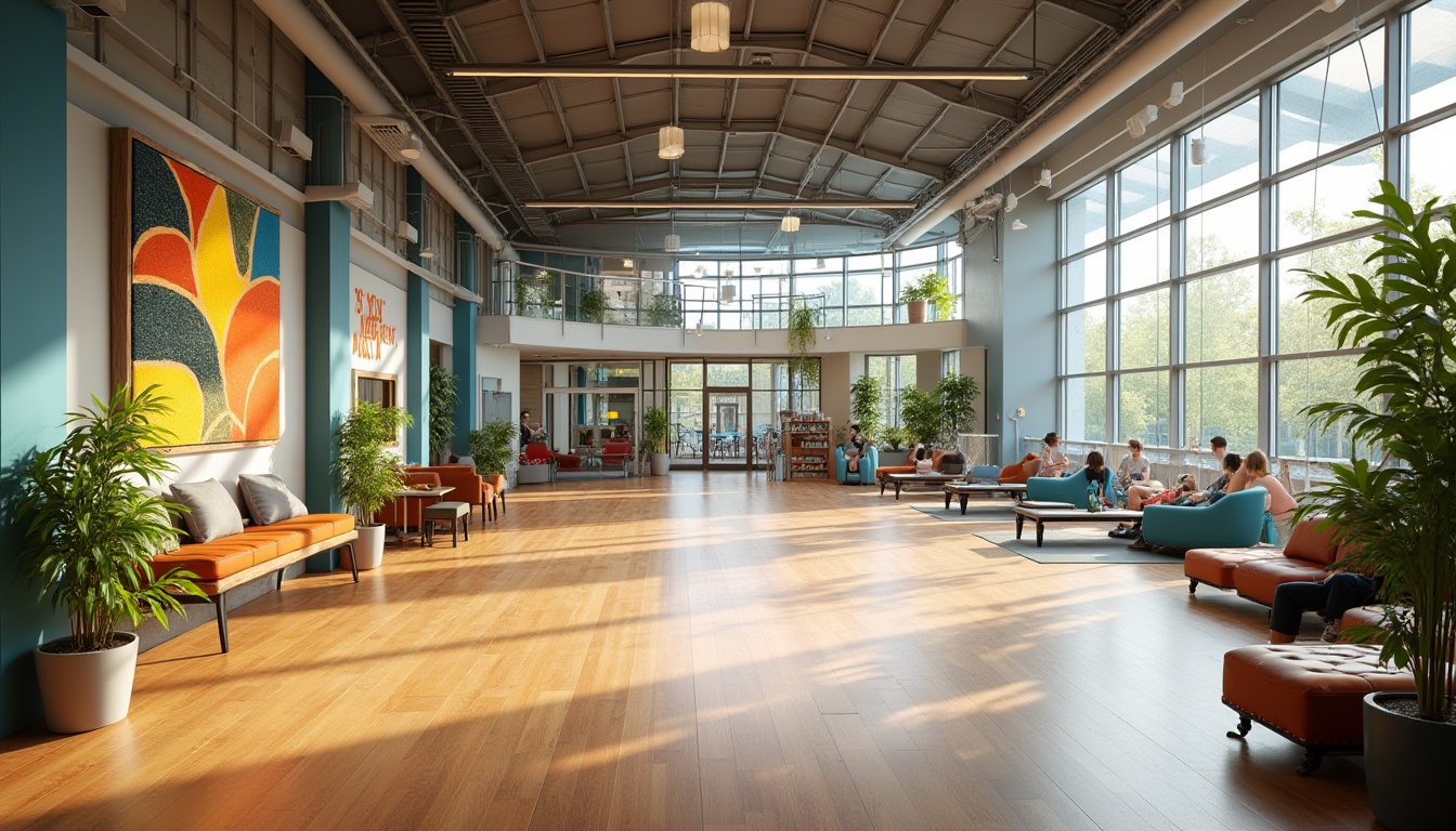 Prompt: Vibrant community space, modern gymnasium, bright color scheme, natural light pouring in through floor-to-ceiling windows, polished wooden floors, sleek metal beams, vibrant green plants, abstract art pieces on walls, comfortable seating areas, cozy reading nooks, state-of-the-art exercise equipment, motivational quotes on walls, group fitness classes in session, energetic atmosphere, dynamic angles, softbox lighting, shallow depth of field, warm and inviting ambiance.