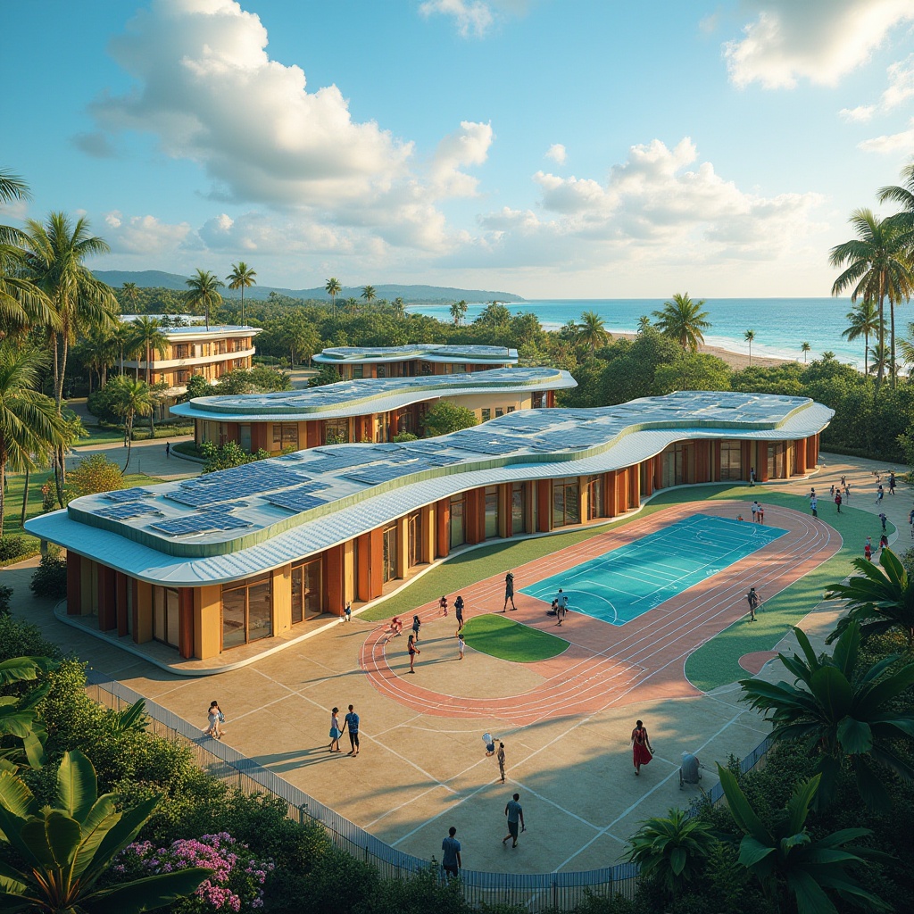 Prompt: Island gymnasium social housing project, successful case study, tropical island setting, blue skies, white fluffy clouds, palm trees swaying gently, modern architecture, curved lines, green roofs, solar panels, large windows, natural light, open spaces, community area, fitness center, basketball court, running track, outdoor pool, colorful murals, vibrant street art, happy residents, diverse age groups, children playing, elderly exercising, lush greenery, tropical flowers, warm lighting, evening atmosphere, drone shot, panoramic view, 3/4 composition.