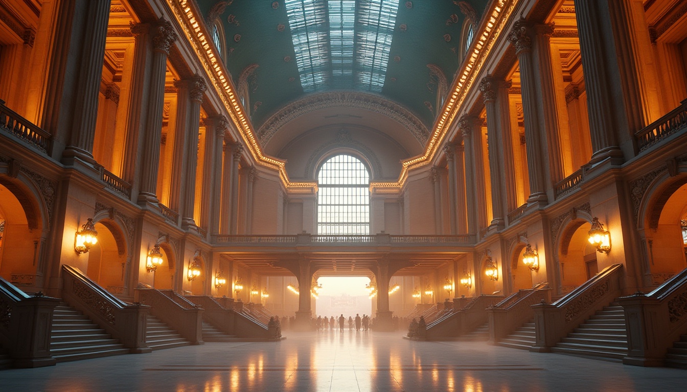 Prompt: Grand, Neoclassical train station, innovative facade design, majestic columns, intricate stone carvings, ornate clock tower, symmetrical architecture, grand entrance with sweeping staircases, elegant chandeliers, high ceilings, detailed moldings, warm golden lighting, atmospheric mist, evening scene, 3/4 composition, shallow depth of field, realistic rendering, cinematic mood.