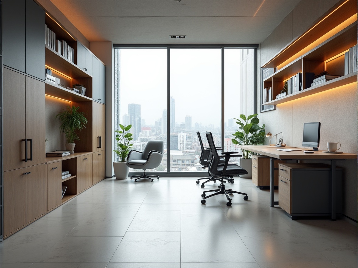 Prompt: Modern minimalist office space, functional layout, sleek lines, wooden desk, ergonomic chair, metal legs, adjustable height, built-in shelves, storage cabinets, floor-to-ceiling windows, natural light, cityscape view, urban atmosphere, 3/4 composition, low-angle shot, softbox lighting, shallow depth of field, modern architecture, steel and glass materials, clean lines, minimal decor, functional simplicity.